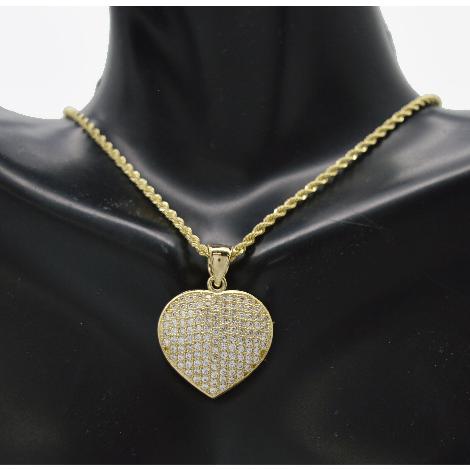 Real 10k Yellow Solid Gold Shiny Heart Charm Cz Pendant + Rope Chain 16